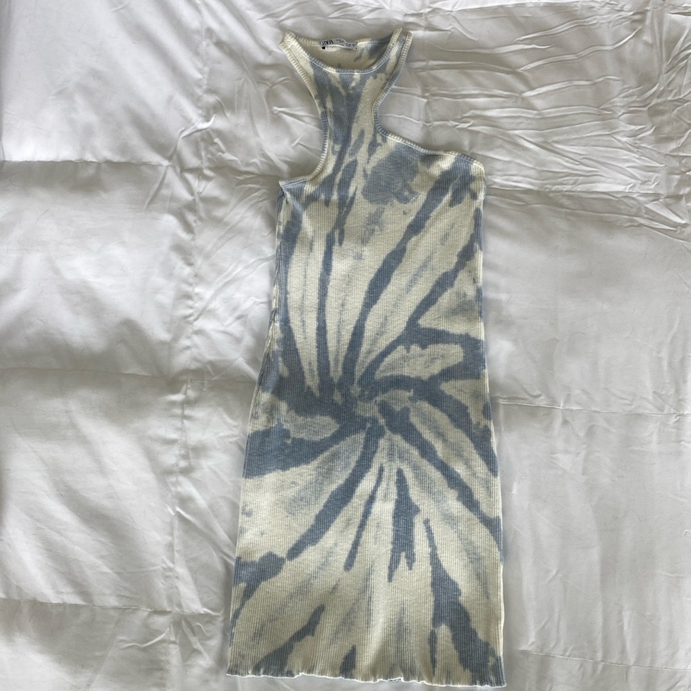 Asymmetrical neck tie dye ribbed knit mini dress